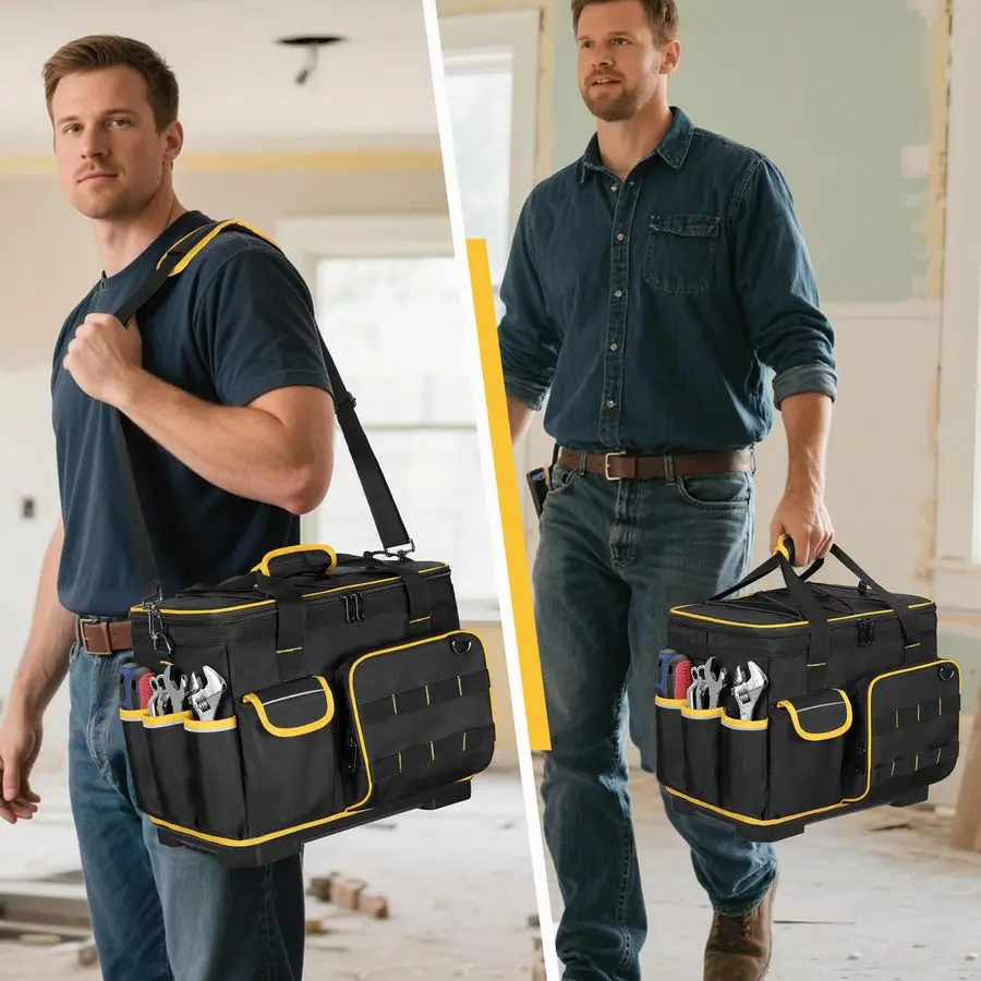 Borsa per attrezzi con fondo rigido e divisore staccabile, borsa per attrezzi resistente con tasche multiple, nera