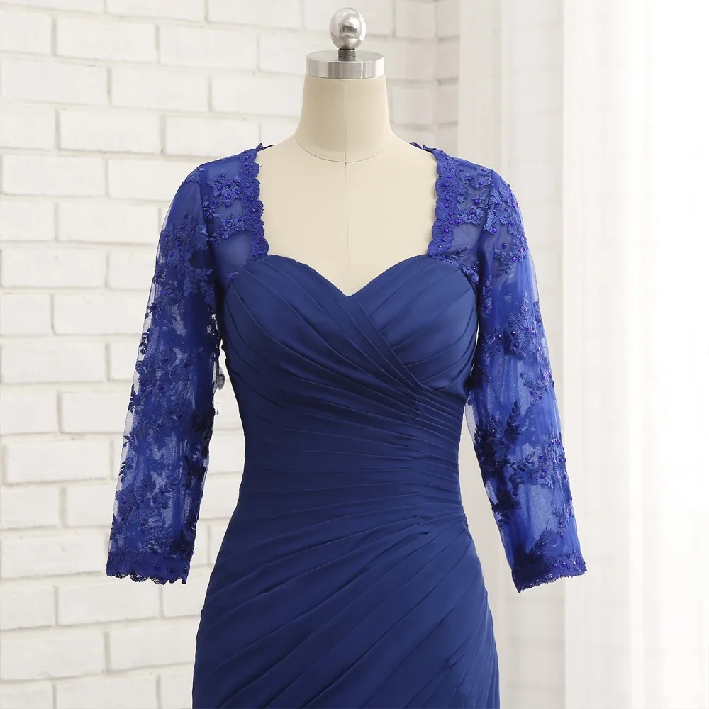 Royal Blau Mutter Der Braut Kleider Meerjungfrau 3/4 Ärmeln Chiffon Appliques Plus Größe Lange Bräutigam Mutter Kleider Für Hochzeit