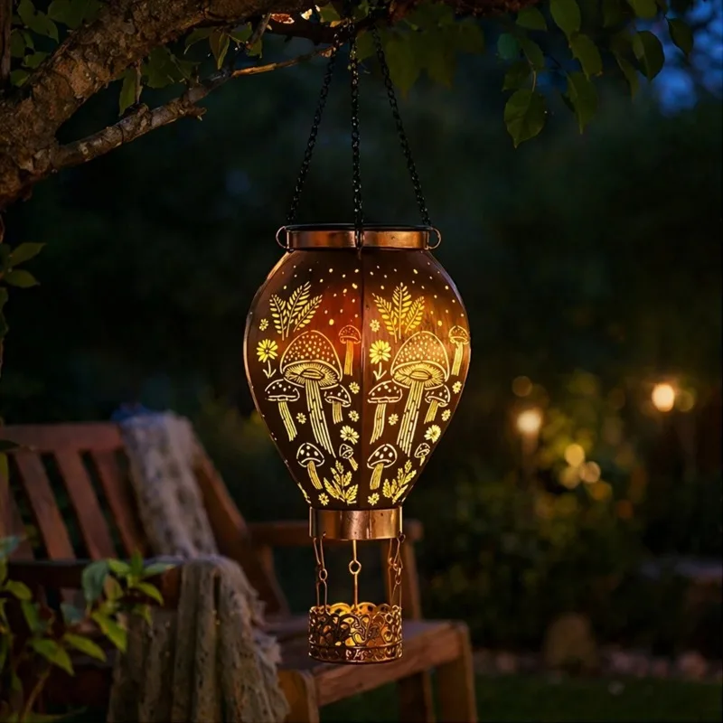 Solar‑Powered Hanging Hot Air Balloon Garden Light Waterproof Wrought Iron LED Lamp for Outdoor Patio Pathway Yard Home Decor