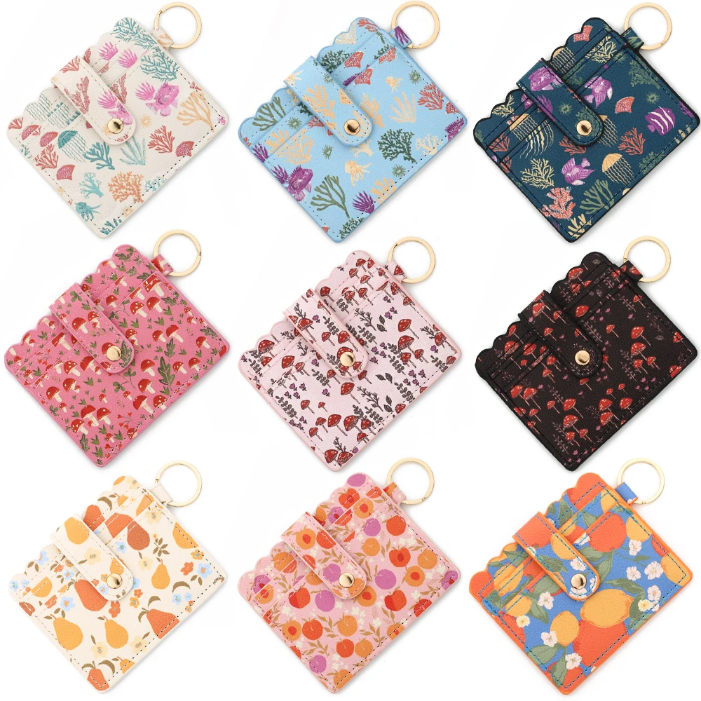 Ladies' small wallet with ocean jellyfish mushroom print leather, can be used with silicone bead keychain, leather card bag