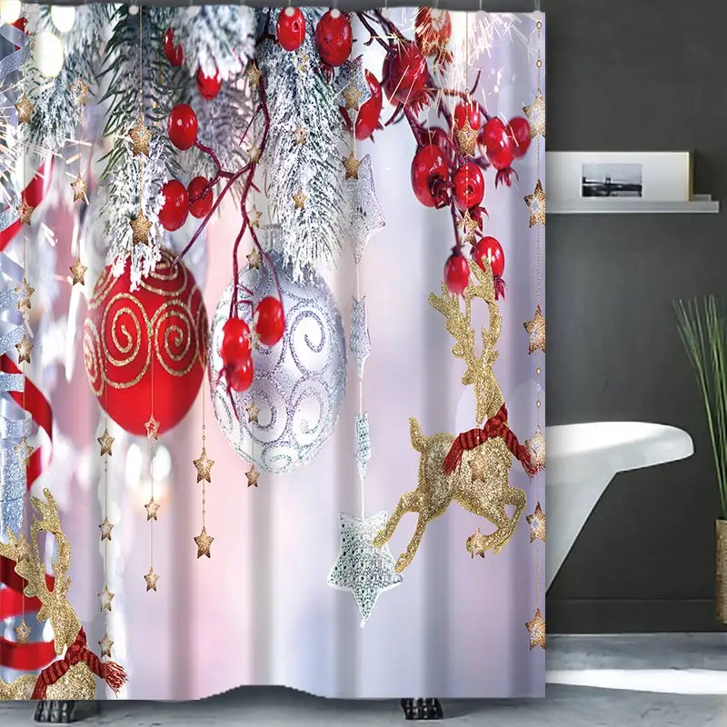 

Christmas Bathing Curtain Bathroom Shower Curtain Waterproof With 12 Hooks Home Deco 100% Polyester Washable