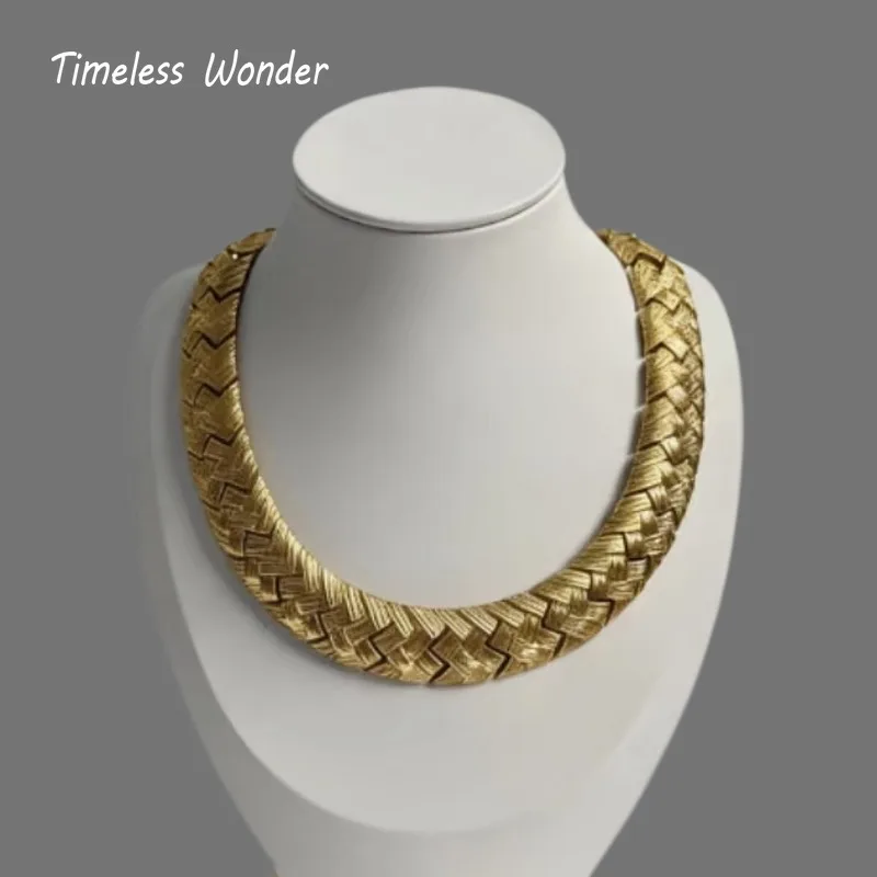 Timeless Wonder Retro Brass Geo Braided Pave Necklace for Women Designer Jewelry Goth Runway Trendy Art Deco Vintage 4526