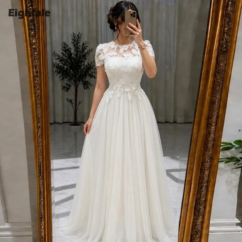 Eightale Arabic Wedding Dress Lace Customized Ivory Bridal Gown Short Sleeves A-Line Bride Party Dress Vestido De Novia