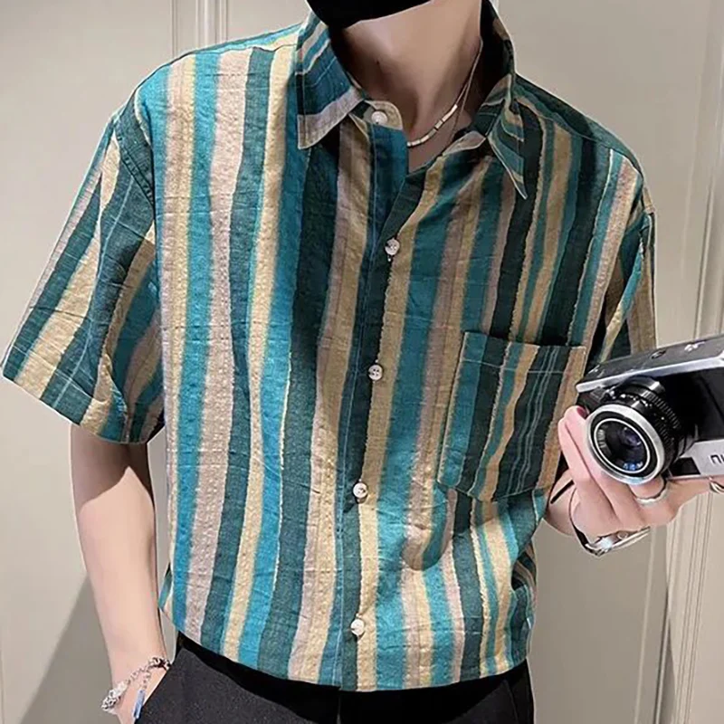 Fashion Lapel Button Pockets Korean Striped Shirts Men's Clothing 2024 Summer New Loose Casual Tops All-match Shirts