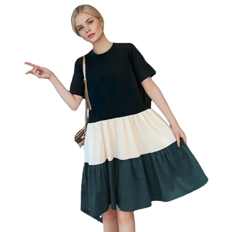Patchwork Short Sleeve Midi Dress Womens Aesthetic Clothing Harajuku Casual Loose Korean Fashion Summer Dresses for Women 2025