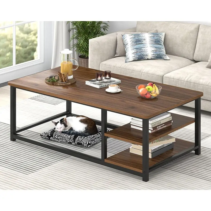 Modern Coffee Table, Rustic Wood and Metal Center Table for Living Room, Industrial Rectangle Cocktail Tea Table with Storage Sh