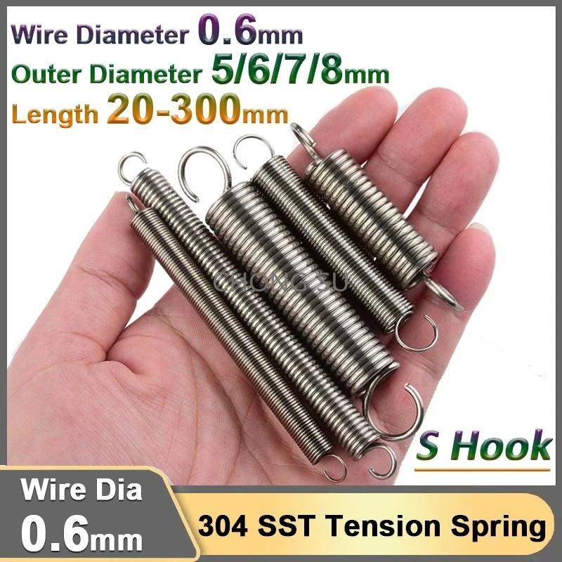 

0.6mm Open S Hook Extension Spring Stainless Steel Cylindroid Coil Pullback Tension Draught Expansion Tensile Stretching Spring