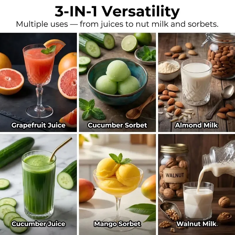 3 in 1 Cold Press Juicer Smart Touch Slow Masticating Machine 6.5 Inch Wide Mouth for Fruit Vegetable Household Kitchen