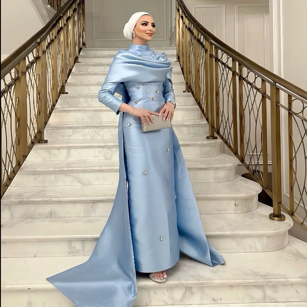 Customized Modern Style Charmeuse Rhinestone Pleat Straight High Collar Long Dresses Bespoke Occasion Dresses Fashion Matching