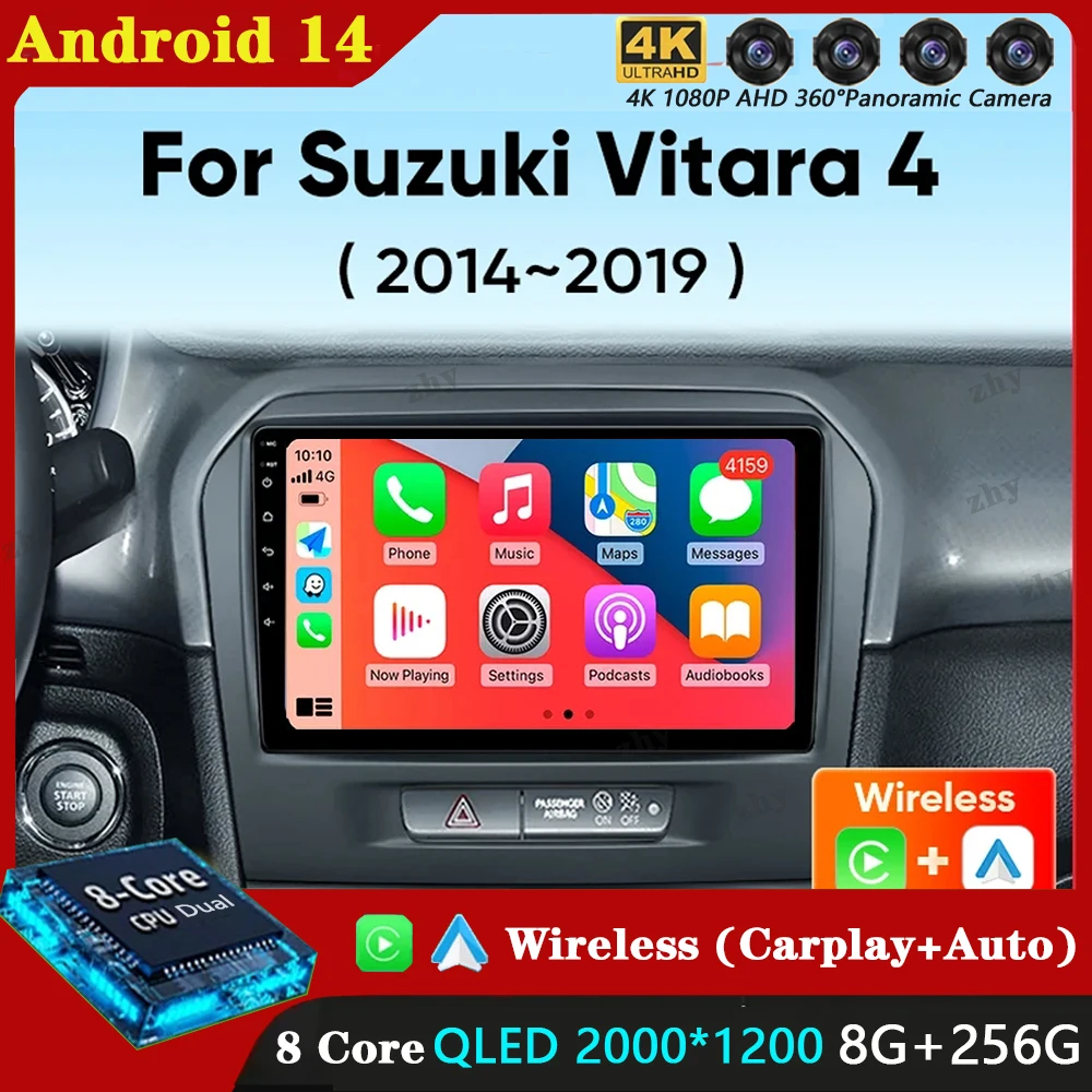 Android 14 Carplay Car Radio For Suzuki Vitara 2014 - 2019 Navigation GPS Multimedia Player stereo wifi+4G Auto DSP BT 360Camera