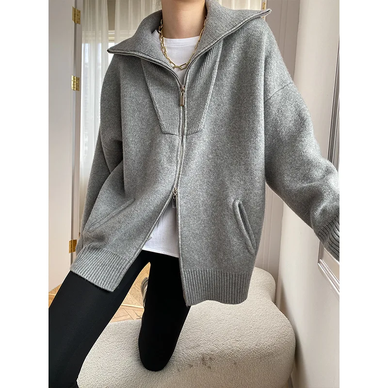 

Winter Double Zipper Sweater Cardigan Women Turn Down Collar Loose Polo Long Sleeve Wool Blend Knitted Tops