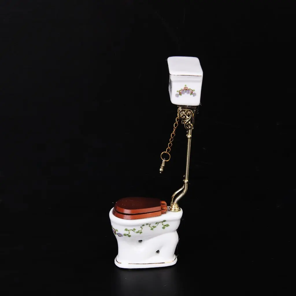 Vintage Victorian Style Bathroom Porcelain Toilet Doll House Miniature White + Gold