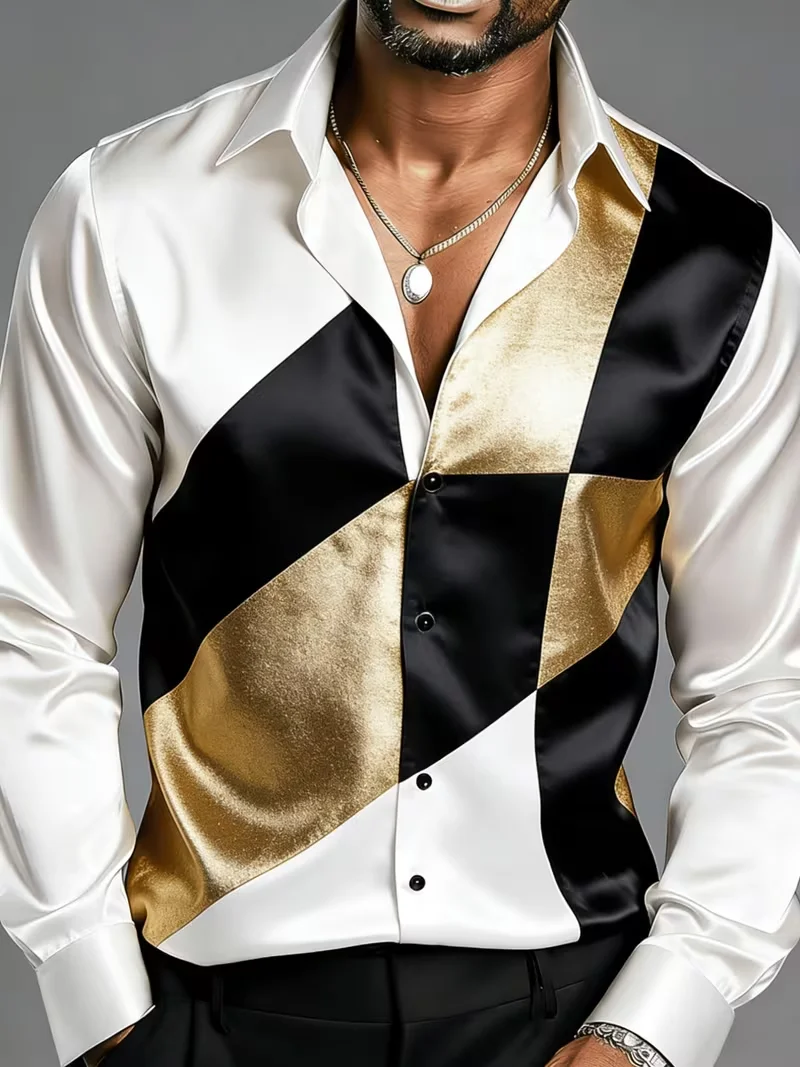 New Men's White Black Gold Geometric Splicing Long Sleeve Shirt Light Luxury Gloss Collar Button Men's Shirt
