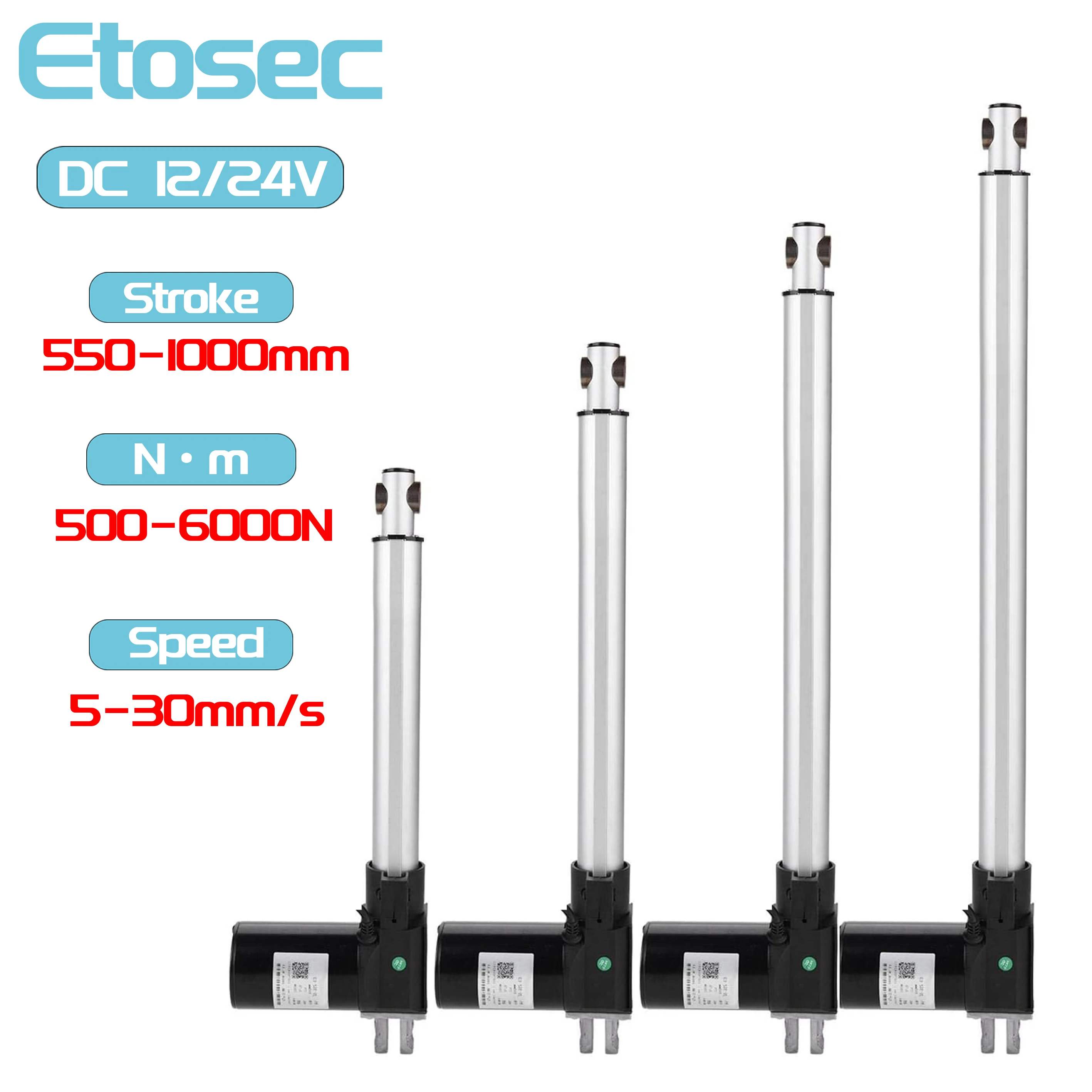 Etosec 12V 24V Lower Noise 6000N Linear Actuator 550mm 700mm 800mm 900mm 1000mm Stroke Solar Tracker Motorisation Motor 30mm/s