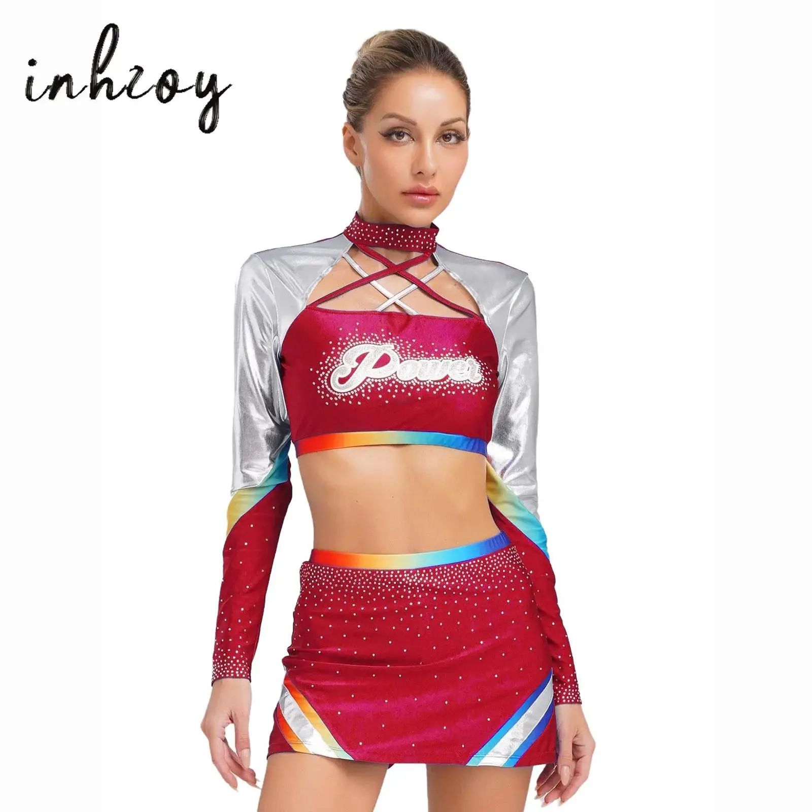 

Womens Two Pieces Cheerleading Uniform Long Sleeves Cross Straps Crop Tops+Skirt Set Cheerleader Performance Modern Dancewear
