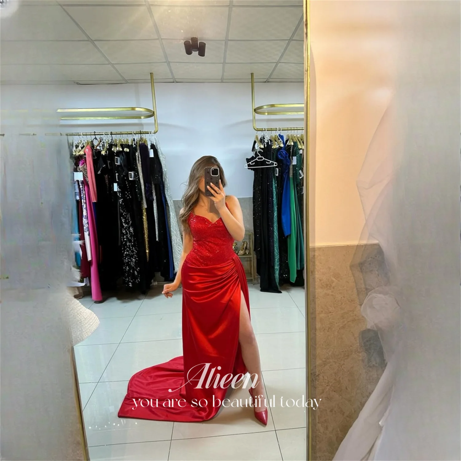 

Aileen Satin V-Neck Red Mermaid Evening Dress 2026 Prom Dress Sequin Beading Sparkle Formal Gowns Women Ladies Customized