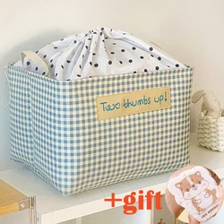 Large Cube Storage Basket Canvas Gien Check Drawstring Toys Clothes Quilt Closet Organizer Foldable Bag Laundy Hamper Trunk Box