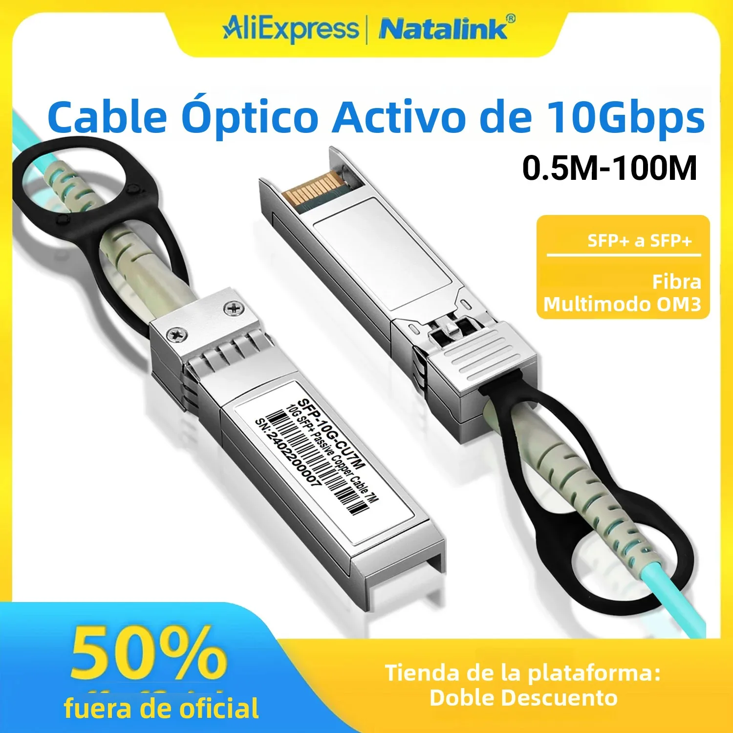 Cable Óptico Activo SFP+ AOC de 10G Natalink, Fibra Multimodo OM3, SFP+ a SFP+, Compatible con Switches Cisco, Huawei, MikroTik, HP