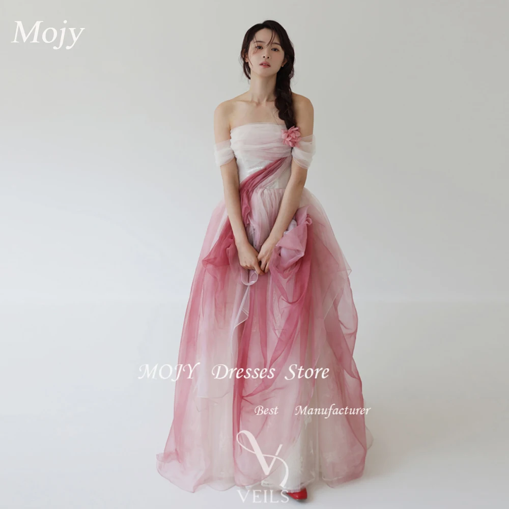 

Mojy Korean Evening Dresses Customized Strapless Pink Dotted Soft Tulle Wedding Dresses A Line Pleated Wedding Ball Gown