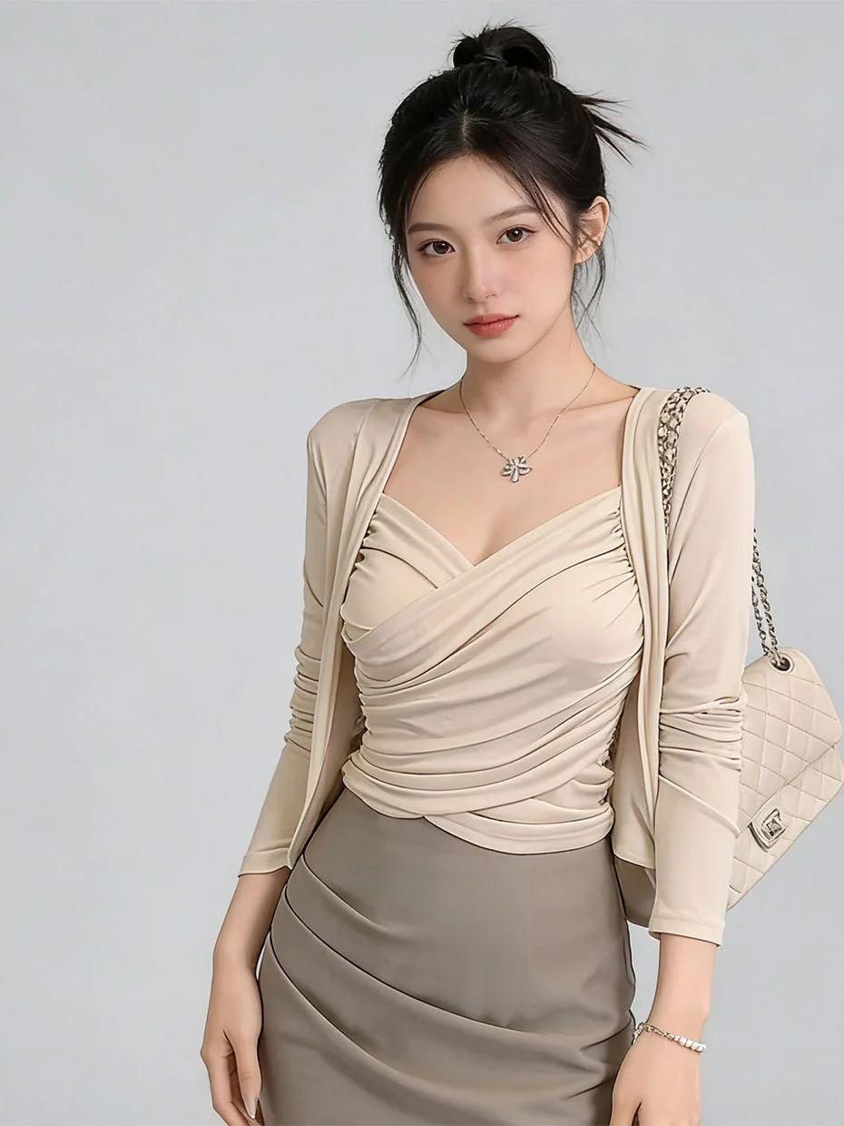 

Spring Knitted Short Fit Women's Outerwear Cardigan Two-Piece Set Korean Style V-Neck Long Sleeve Casual Fashion Ensemble