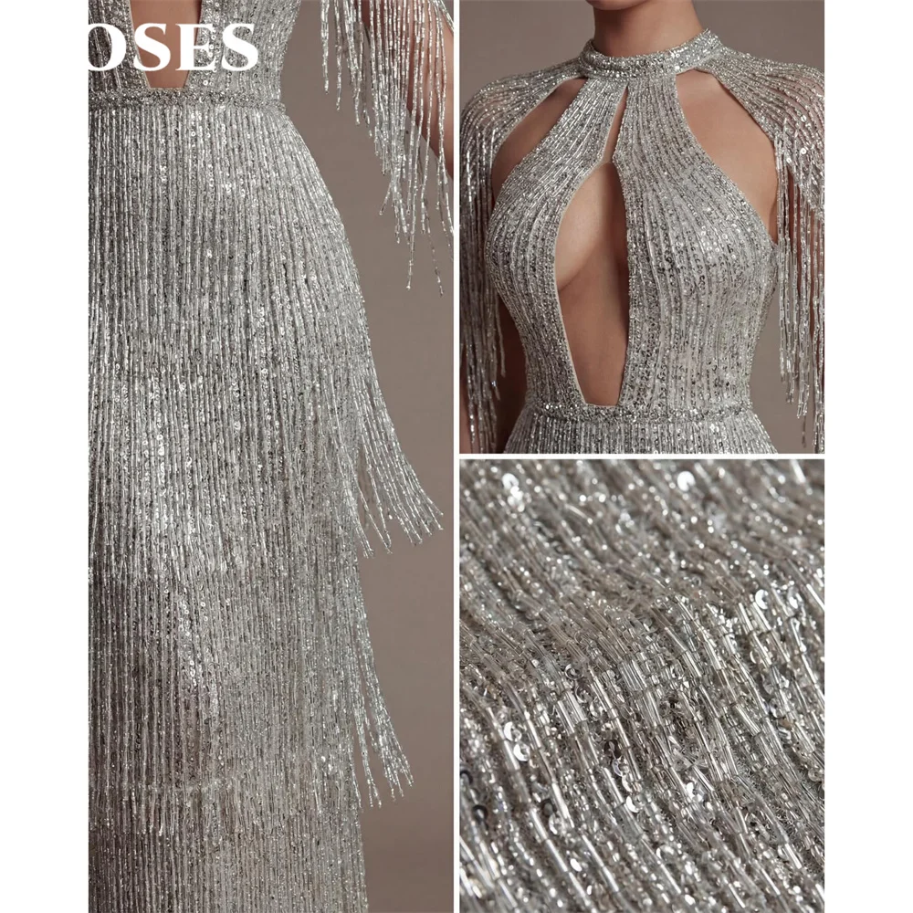 ROSES Sliver Sequin Party Dresses Off the Shoulder Evening Dress with Layered Tassel فساتين السهرة Wrap Hips Cut Out Customized view 5