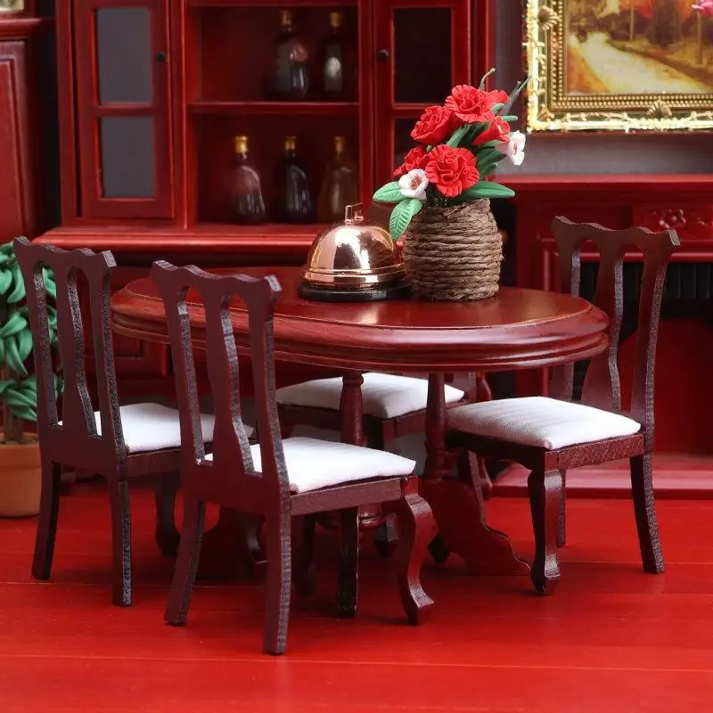 1/12 Miniature Dining Table And Chairs Set with Display Cabinet Ornament for Dollhouses DIY Toy Food Playhouse Furniture Model