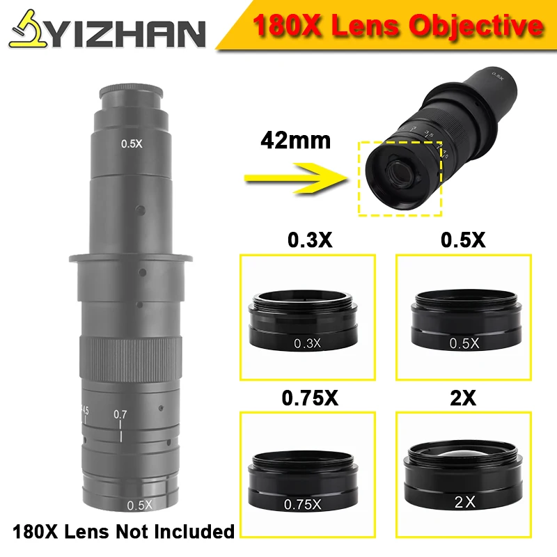 42mm 0.3X 0.5X 0.75X 2X Objective Monocular Microscope Auxiliary Barlow Accessories For 180X Lens Industrial Cameras C-mount