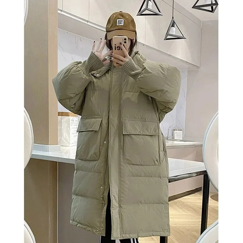 2025 Winter New Down Cotton Jacket Women's Loose Hooded Korean Edition Medium To Long Knee Over Thickened Warm Coat Pink Grey