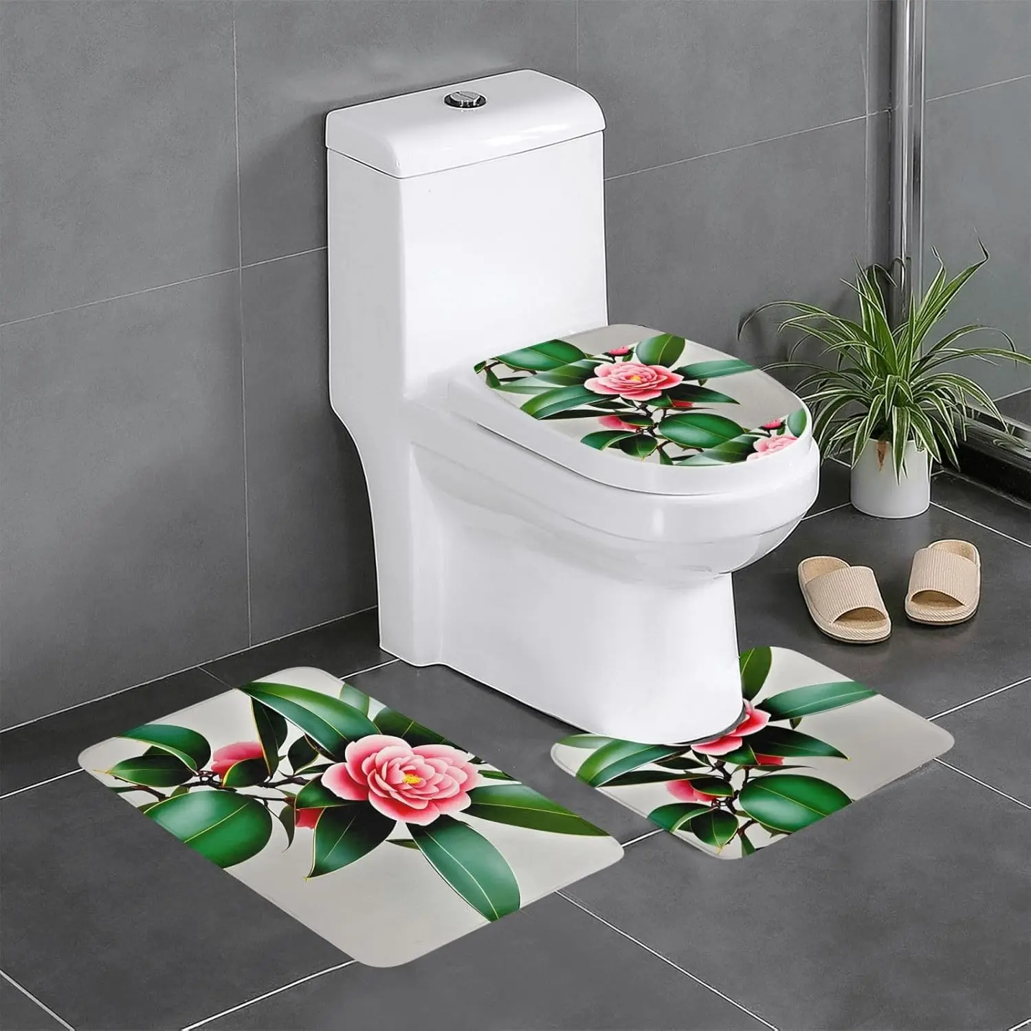 

3 шт., набор из трех предметов с красивым узором камелии, коврики для ванной комнаты, коврики для душа в ванной комнате, противоскользящие, быстросохнущие