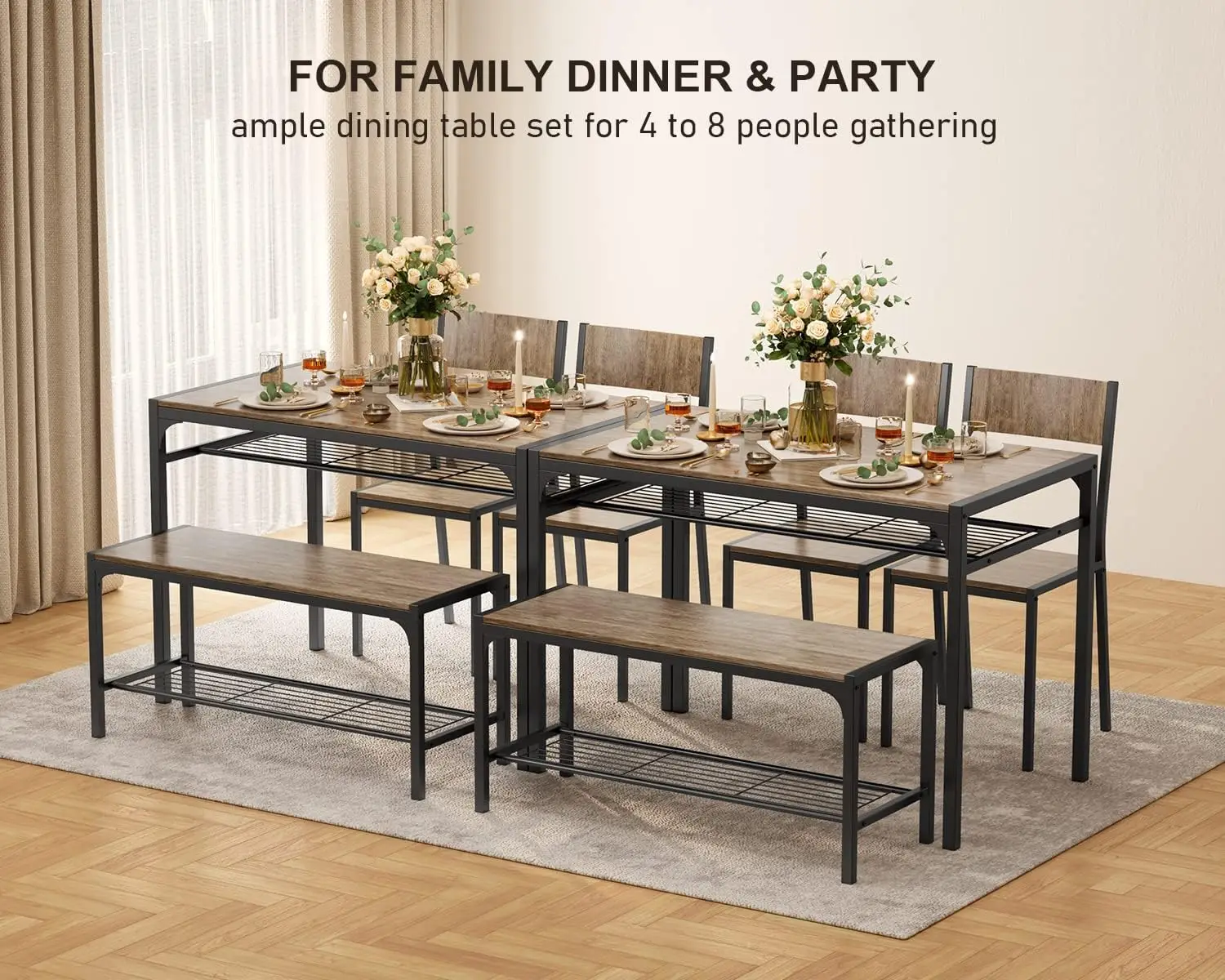 Gizoon Kitchen Table and 2 Chairs for 4 with Bench, 4 Piece Dining Table Set for Small Space, Apartment