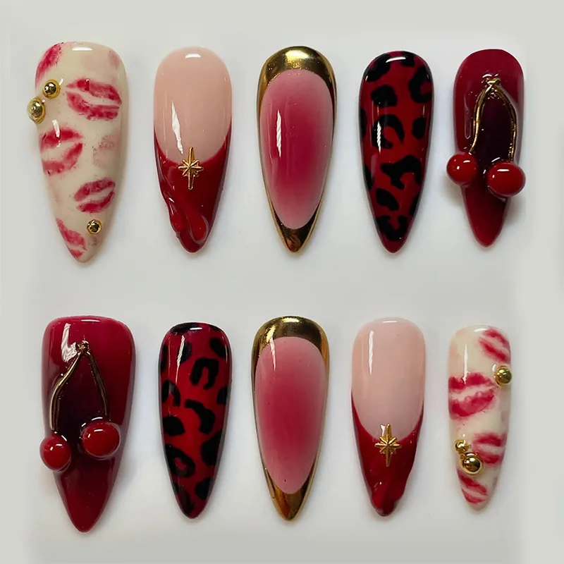 

24PCS Trendy Ins Style Almond Press on Nails with 3D Cherry Lips Designs Retro Red French Fake Nails for Women Sweet False Nails