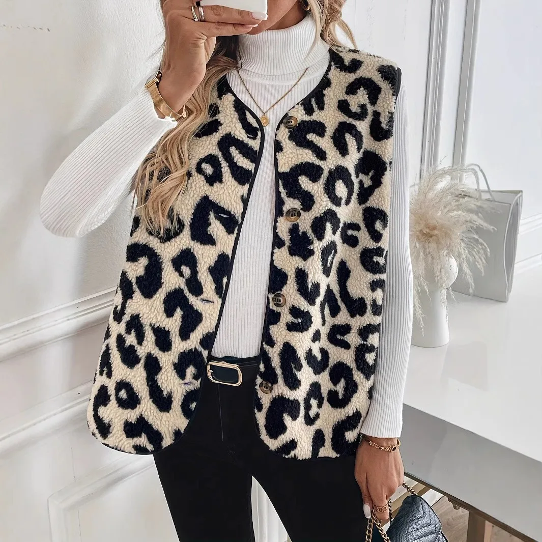 2026 Autumn Winter New Leopard Print Sleeveless Plush Vest Women Single Row Button Versatile Warm Fashion Versatile