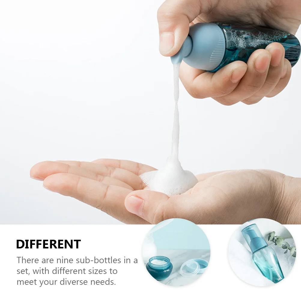 مجموعة واحدة من زجاجات السفر مكونة من 9 أحجام زجاجات محمولة لحاويات تخزين جل الاستحمام والزيت العطري القابلة لإعادة الملء