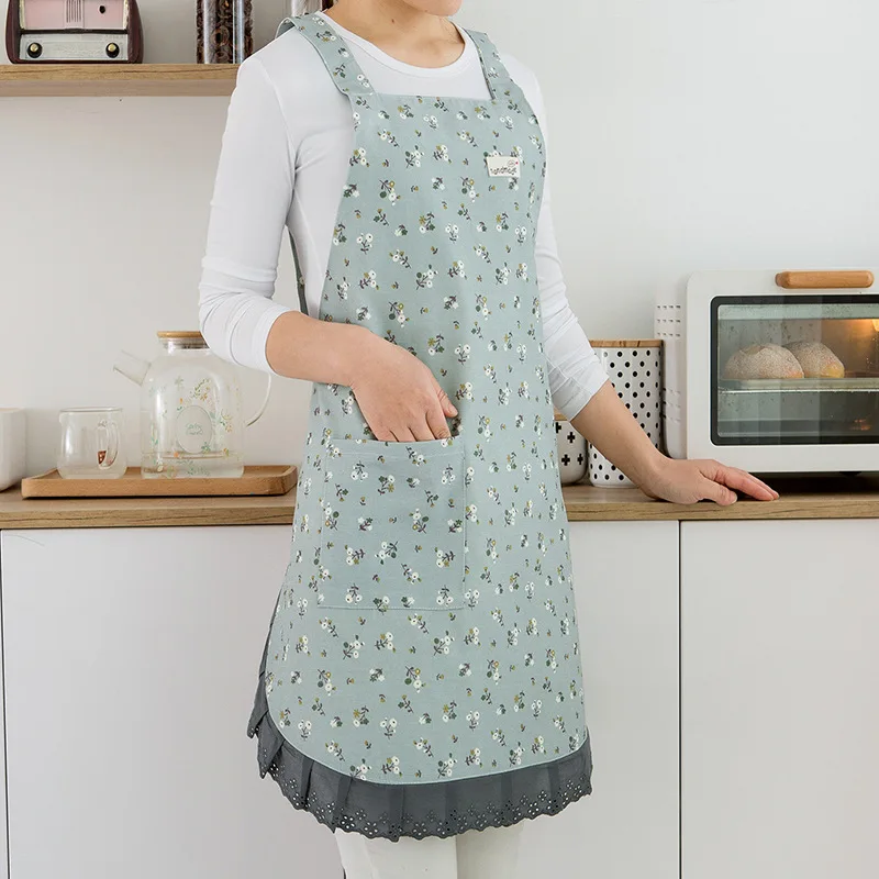 Korean Fashion Double Layer Anti Oil Stain Kitchen Cooking Apron Women's Rural Fragmented Flowers Home Reversed Overwear Apron