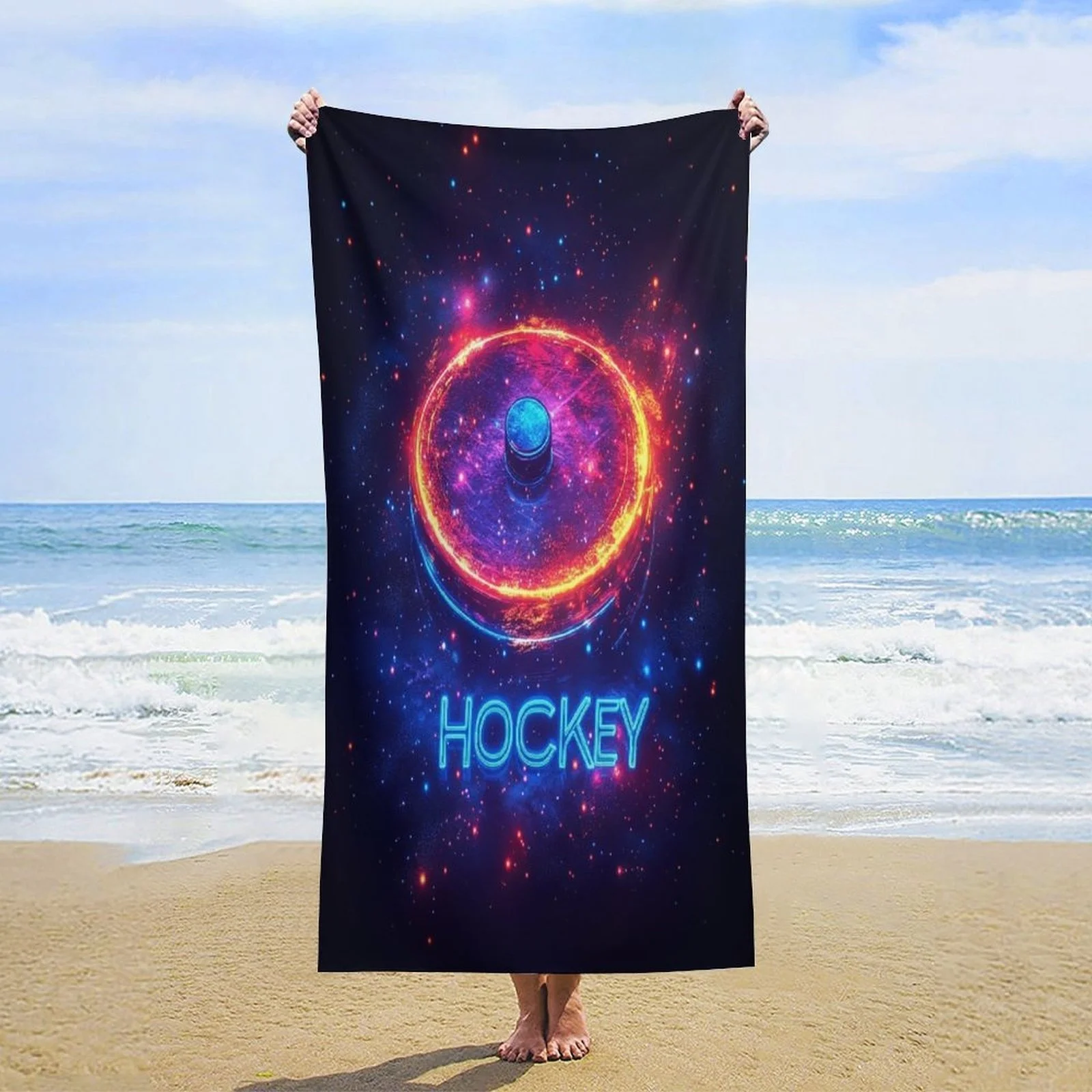 Large Cosmic Hockey Themed Beach & Bath Towel - Super Absorbent Quick-Dry Microfiber with Neon Glow Hockey Puck & Stars Design