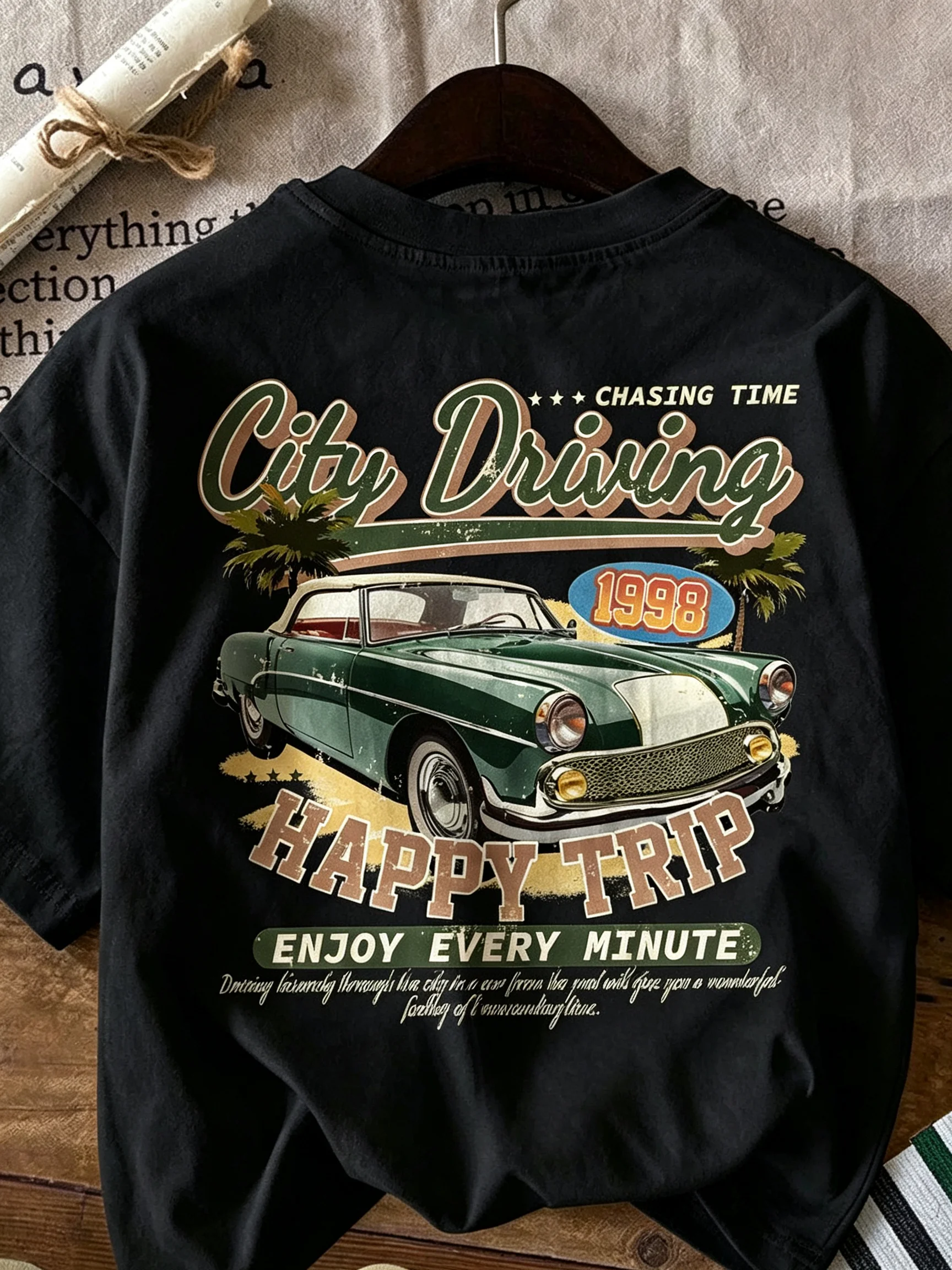 2026 New Parent‑Child Matching T‑Shirt Retro Old Roadster Palm Vacation Letter Graphic Loose Cotton Tee Casual Matching Tops