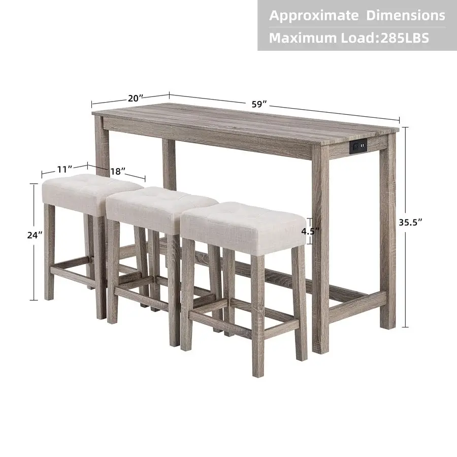 4 Piece Bar Table Set with Power Outlet,Industrial Breakfast Table with 3 Padded Stools Solid Wood Counter Height Dining Table
