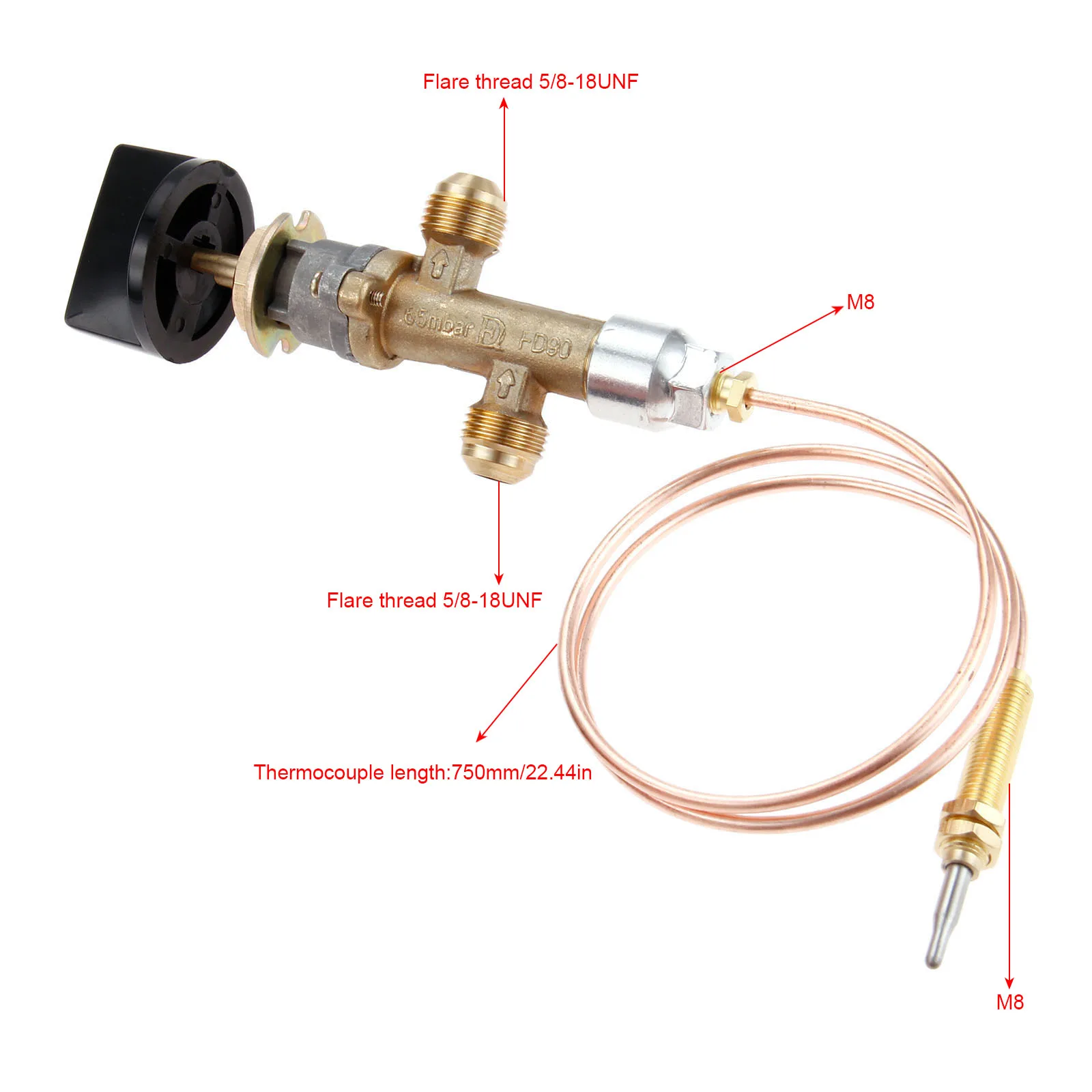 Control Valve Thermocouple Knob Switch 600mm M8*1 Threaded Head Low Pressure Inlet&Outlet for Gas Grill Heater Pit Fireplace