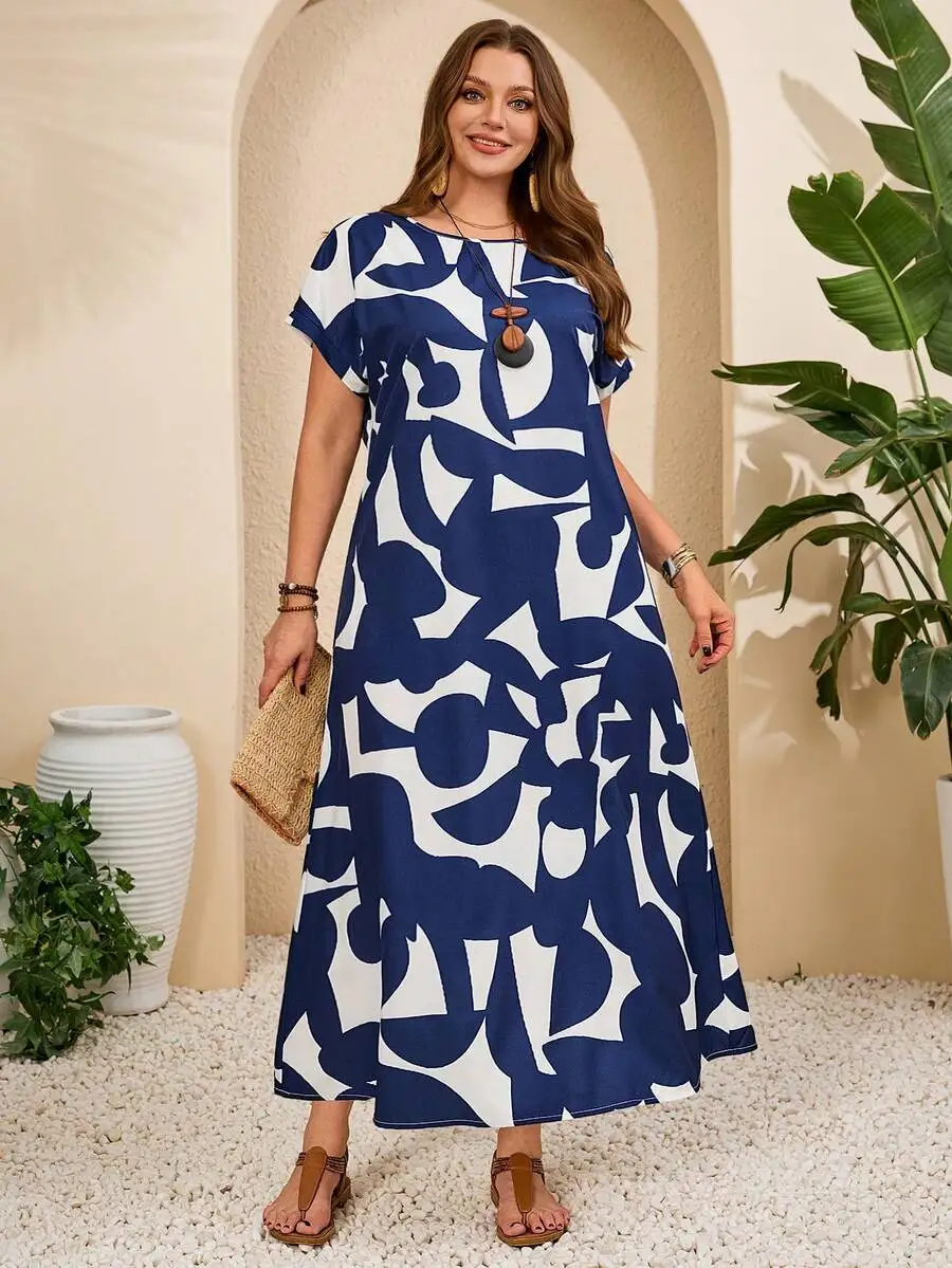 

Blue And White Geometric Print Short Sleeve Maxi Dress Casual Summer Vacation Dress