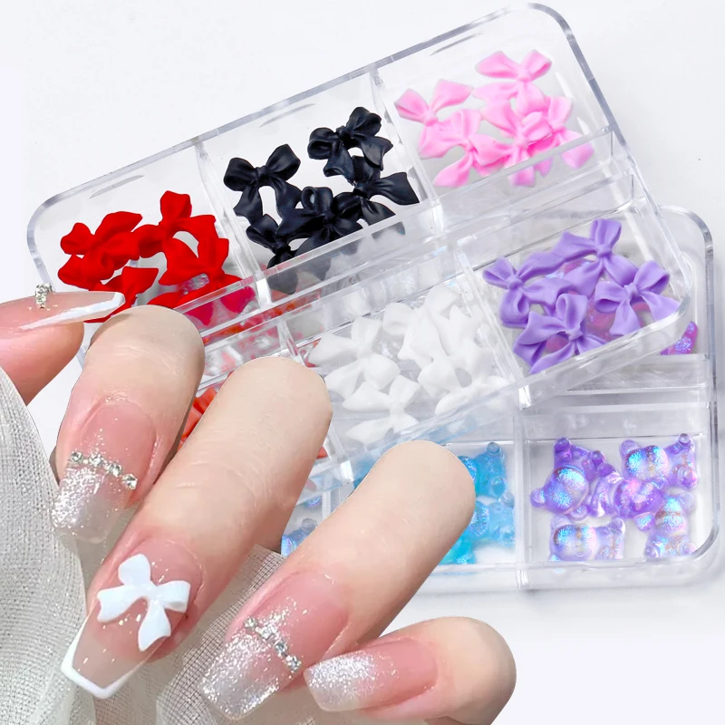 White Ribbon Resin Bowknot Nail Charm Parts 3D Rhinestone Nail Art Decoration Accessories Supply for DIY Korean Manicure Design