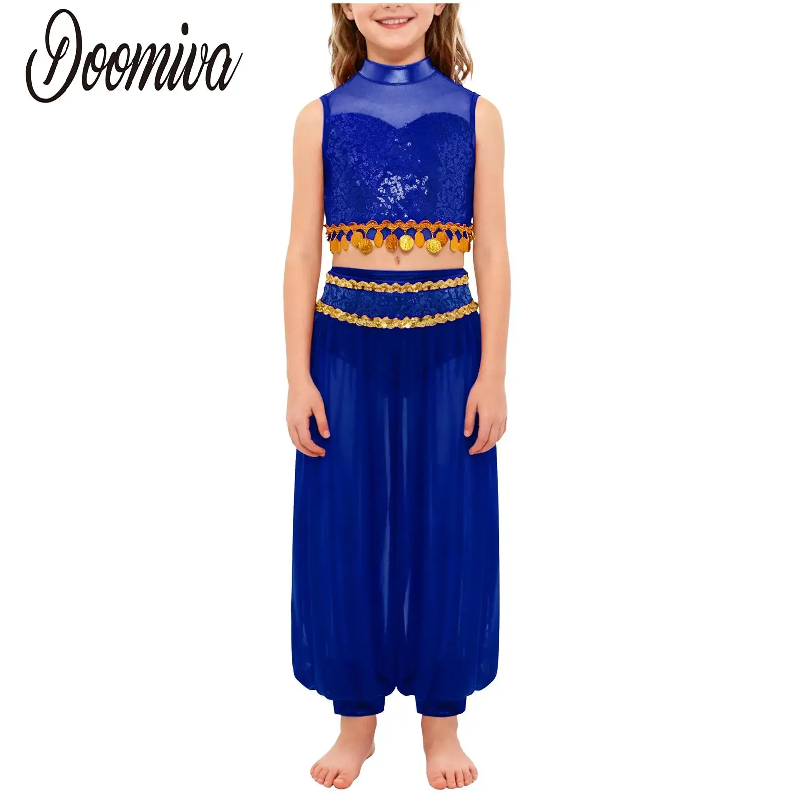 

Kids Girls Belly Dance Costume Gymnastic Outfit Ballroom Jazz Dance Set Sheer Mesh Patchwork Sequin Crop Top with Bloomers Pants