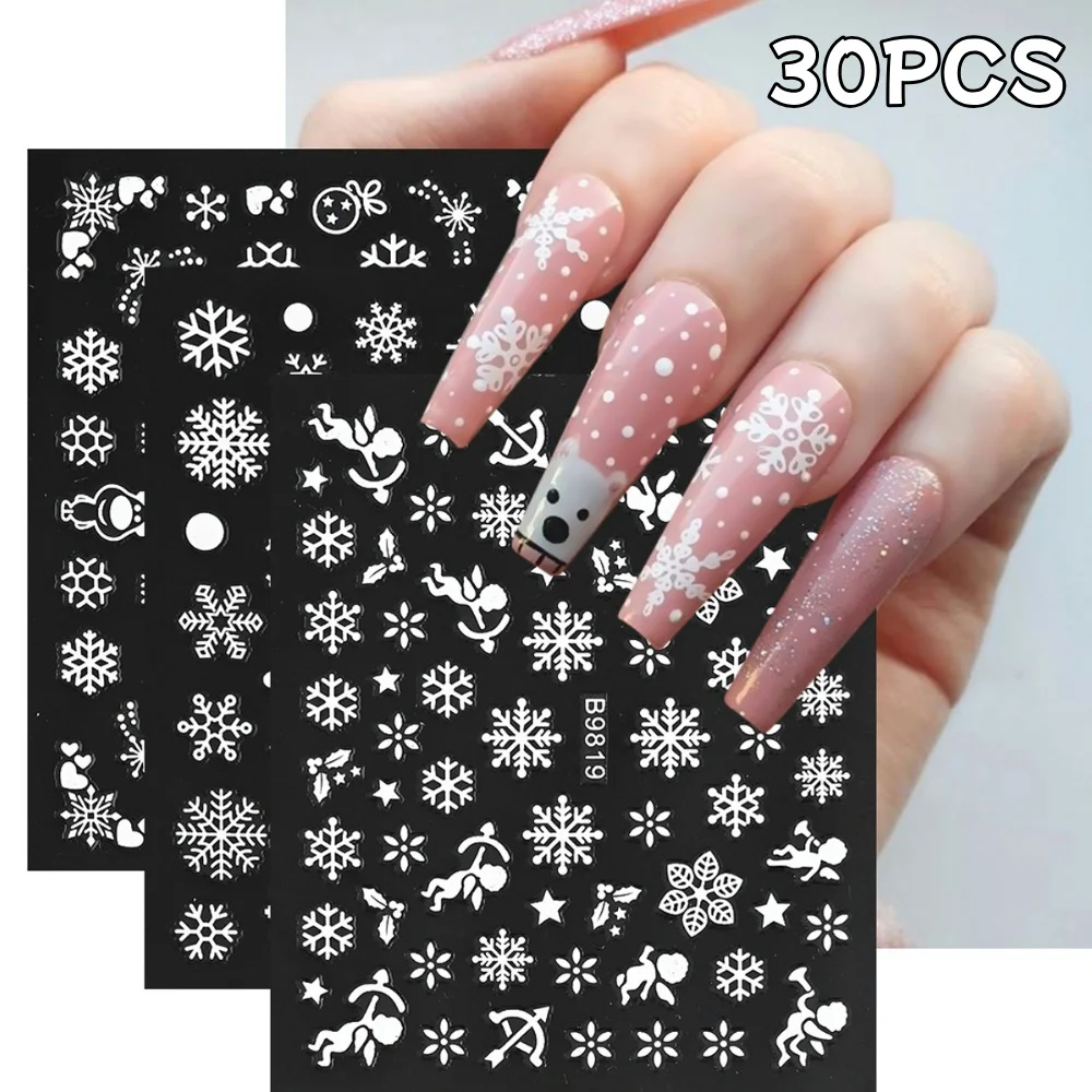 30Pcs/Set White Snowflake Nail Stickers 2024 Winter Christmas New Year 3D Snowflakes Self Adhesive DIY Manicure Nail Art Decals