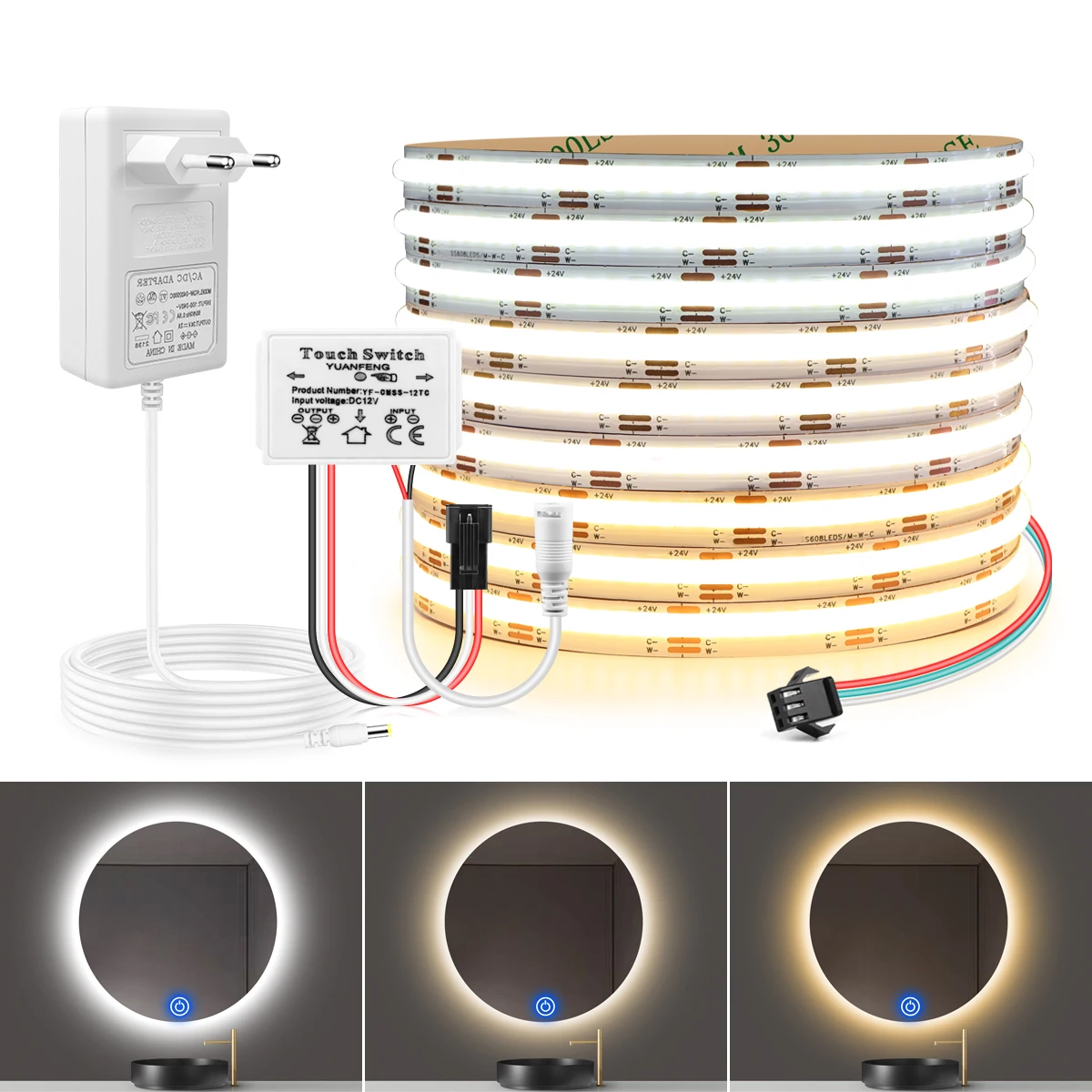 24V CCT COB LED Strip Light Mirror Touch Sensor Dimmer Switch 608 LEDs High Density Flexible FOB 2700K to 6000K Linear Dimmble