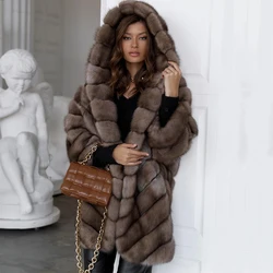 Fur Strip Sewed Toghter Tnatural Fox  Fur Coat Women Winter Thicken Hooded Long Sleeve Genuine Mid-length FOX Fur Jacket Female