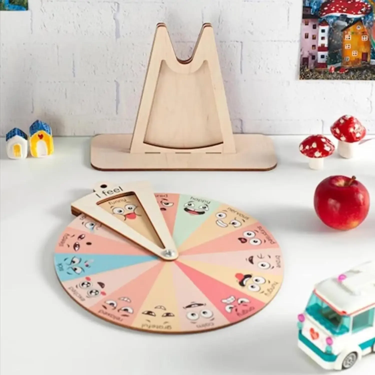 Wooden Kids Emotion Wheel, Wooden Emotion Wheel with Base, Explore Emotions with Faces, Social-Emotional Learning Toy