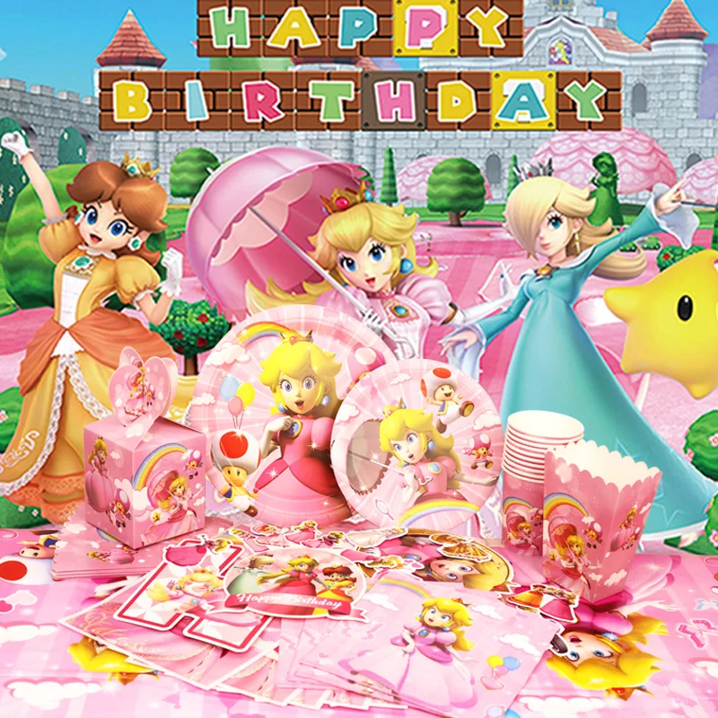 Super Princess Peach Birthday Party Decoration Aluminum Foil Balloon For Kid Event Supplies Disposable Tableware Banner Backdrop