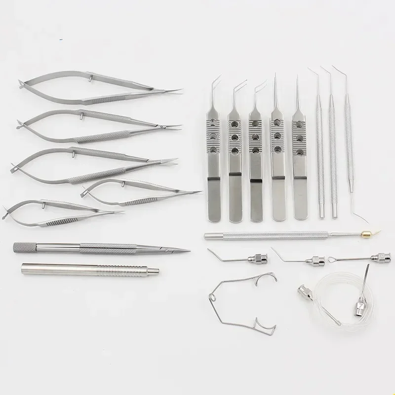 Juego de microinstrumento ocular de acero inoxidable o aleación de titanio, juego de 21 piezas, bolsita, pinzas para rasgar, tijeras, aguja
