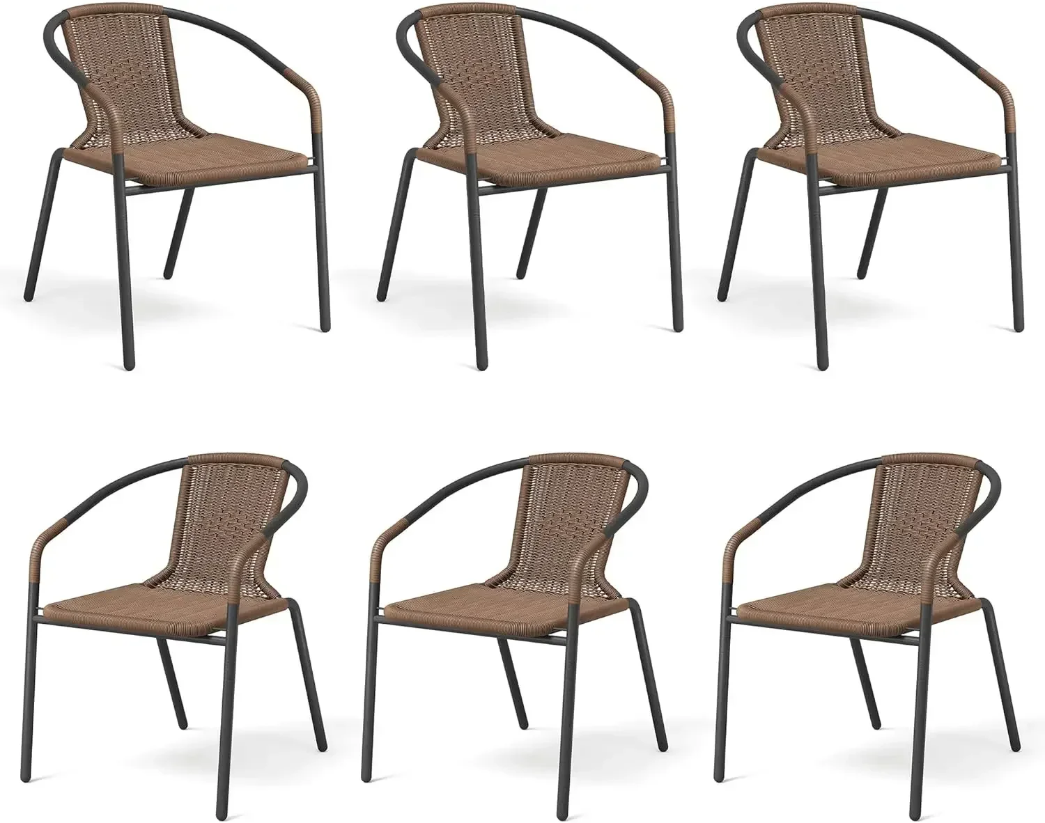 Rattan Outdoor Dining Chairs Set of 6, Wicker Stackable Patio Chairs with All Weather Curved Back & Metal Frame, for Indoor