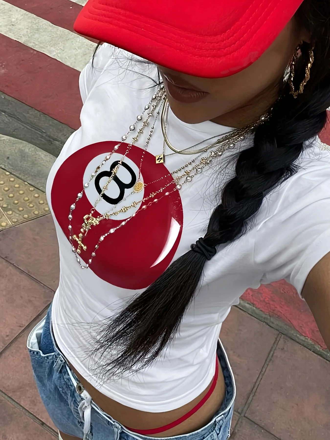 

Red 8th ball pattern printed T-shirt round neck ladies' fashion summer women's dress everyday T-shirt casual art top