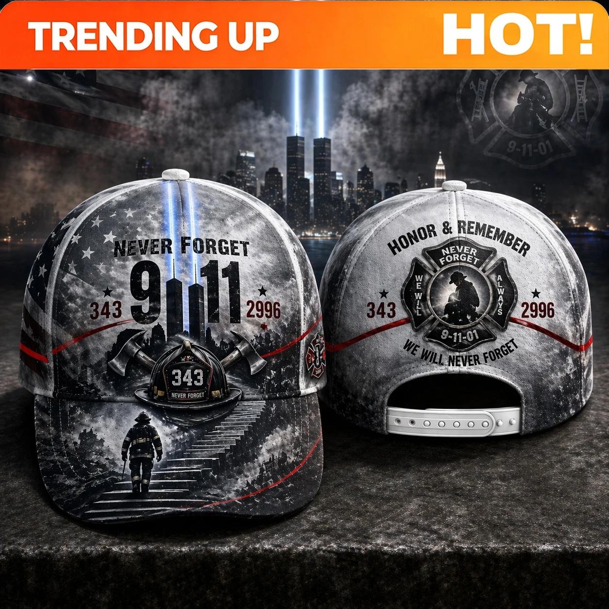 Custom 911 Memorial Adjustable Baseball Cap: Honor And Remembrance, Fully Printed, Tribute to 343 Firefighter Martyrs